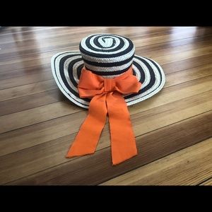 Striped Boater Hat with Bright Orange Ribbon